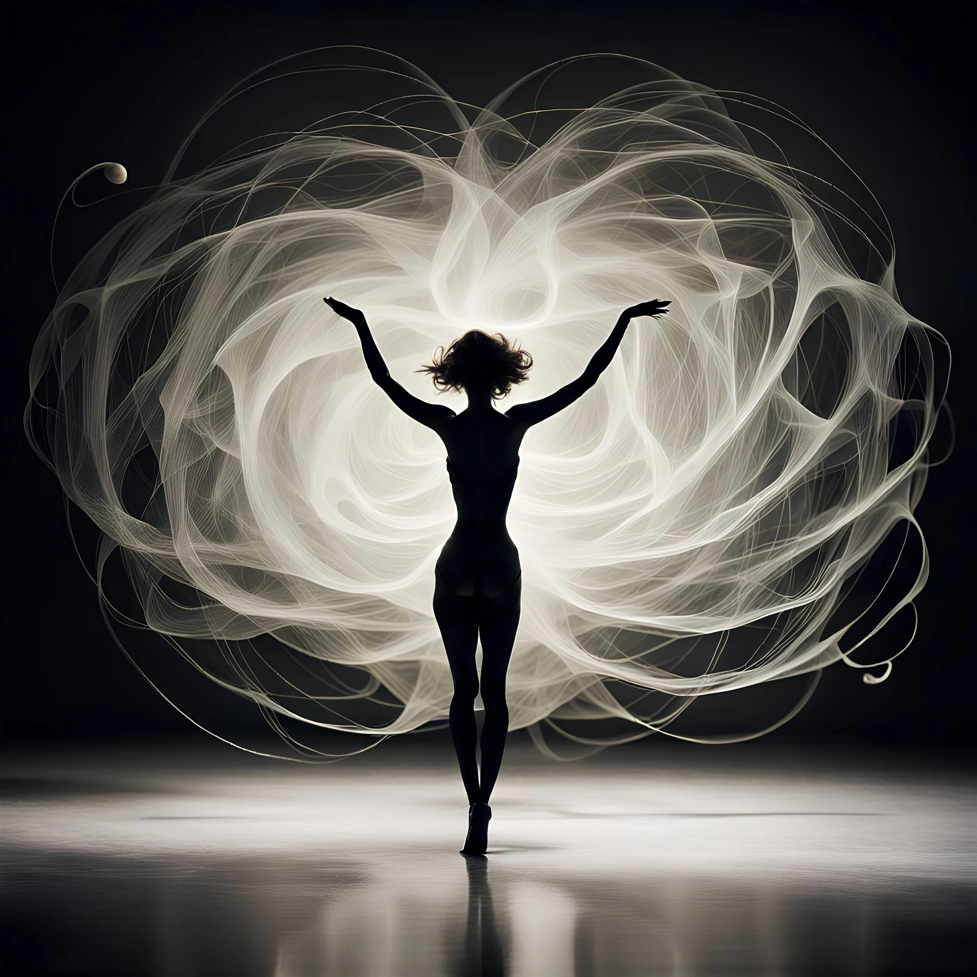 Depict the enigmatic dance of existence where entropy meets stochasticity, indeterminacy, whimsy logos, and happenstance in a single visual masterpiece.PHOTOGRAPH