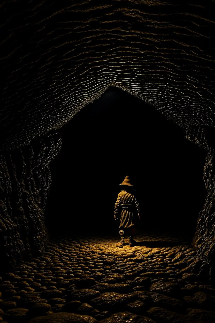 character in semi-darkness, on the scree cone of an underground room dimly lit by daylight coming from a well located forty meters above.