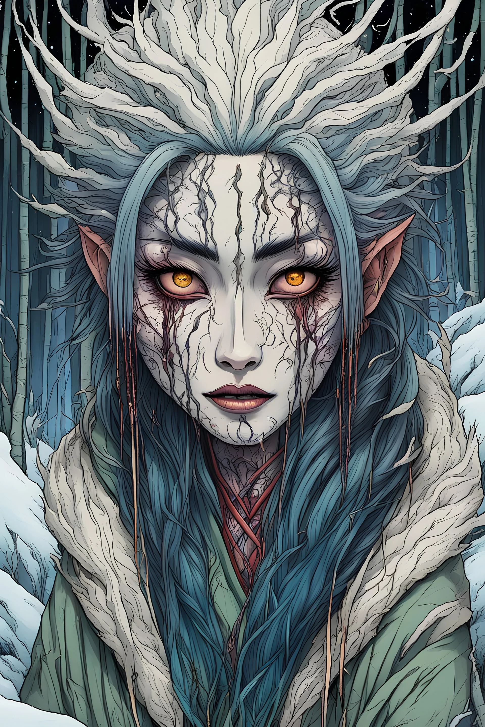 full color front facing portrait of a haggard and malevolent Harionago yokai woman with highly detailed hair and slim, narrow facial features, in a haunted snow clad, winter mountain bamboo forest, pierced by shafts of moonlight , art in the style of Alex Pardee, spirited away, studio ghibli, , 8k , finely detailed and precise line work, soft gauzy pastel colors