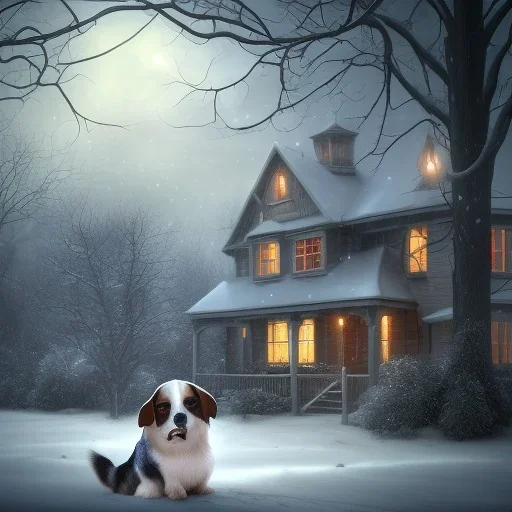 sad, miserable dog chained to fencepost outside with shadowy figure standing nearby, family home in background, winter, 8k resolution, high-quality, fine-detail, iridescent, intricate, digital art, detailed matte, volumetric lighting, illustration, 3D octane render, brian froud, howard lyon, selina french, anna dittmann, annie stokes, lisa parker, greg rutowski,