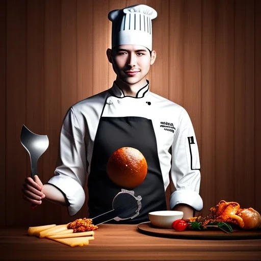 portrait of handsome man and chef in front dark wooden statue of a cook, shiny fork and knifes on dinner table with cloth, fantasy art book cover