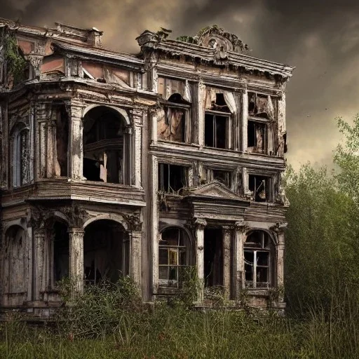 close-up of an abandoned, two story building, crumbling, debris, weeds, overtaken by nature, 8k resolution, high-quality, elaborate, fine-detail, intricate, baroque, detailed matte, digital art, volumetric lighting, illustration, 3D octane render, brian froud, howard lyon, selina french, anna dittmann, annie stokes, lisa parker, greg rutowski