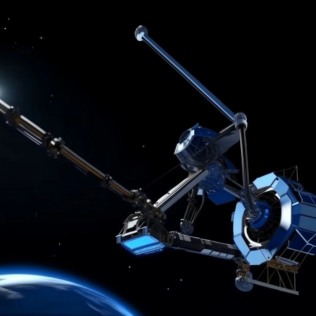 In a sci-fi starry sky background, a slender space flexible robotic arm is located on the satellite in the frame.