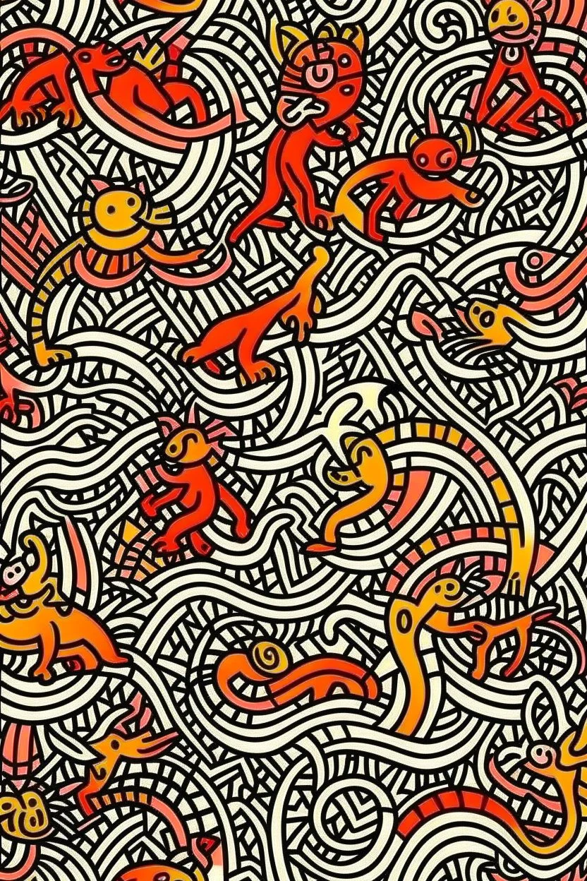 A light rosy orange colored jungle with tigers painted by Keith Haring