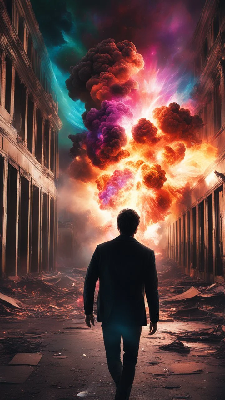 Young man walking towards a building that is exploding at night, with coloured auras around him