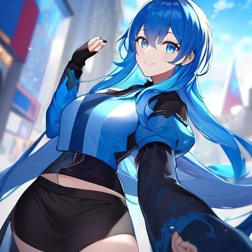 Clear focus,High resolution, Vibrant short blue hair, Vibrant blue eyes, Wearing a black short skirt,black crop top sleevelss,blue cut sleeves,black fingerless gloves, Smiling,Long bangs