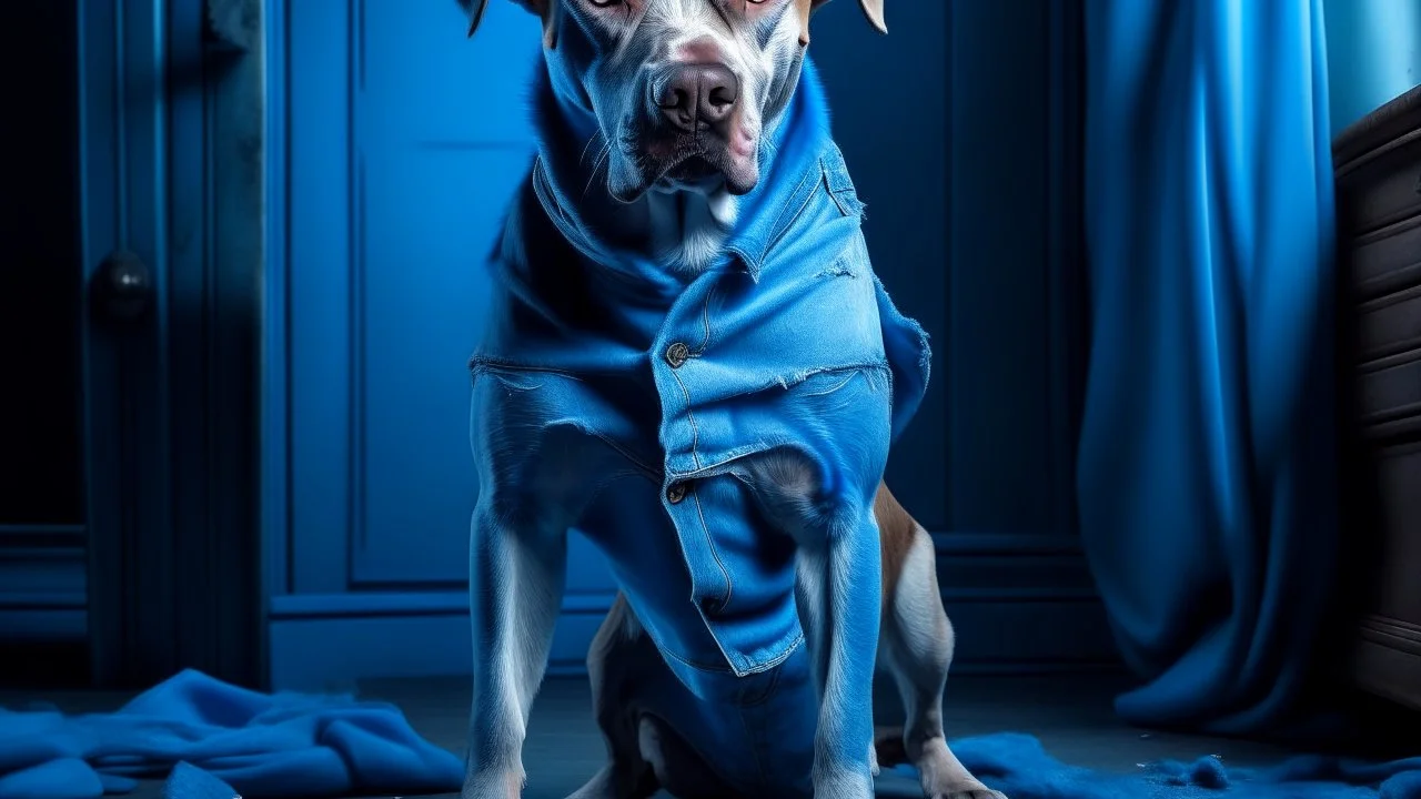 fantasy picture: a dog in blue torn pants