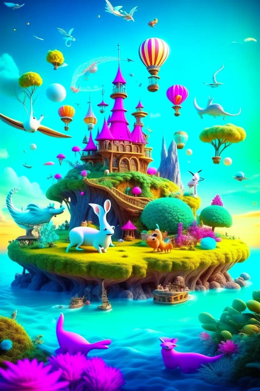 An enchanting and whimsical wonderland wall art portraying a magical realm with talking animals, floating islands, and flying ships, a sense of childlike imagination and fantasy pervades the scene, 3D rendering, with a focus on vibrant colors and dreamlike elements