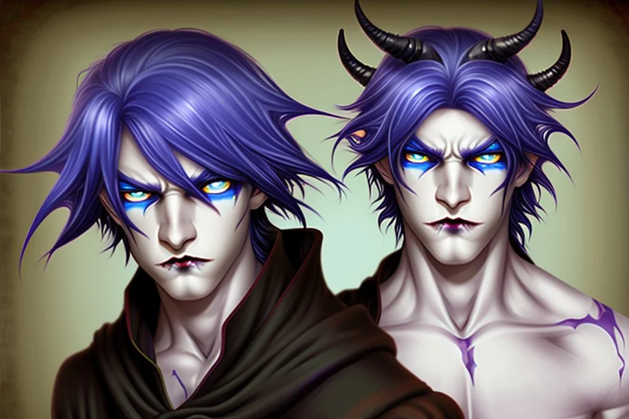 Young man with demon horns, fangs, messy purple hair and blue eyes