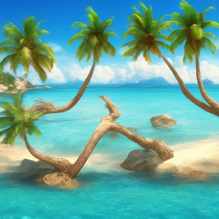 9. Generate an image of a sun-soaked beach with palm trees and crystal-clear water