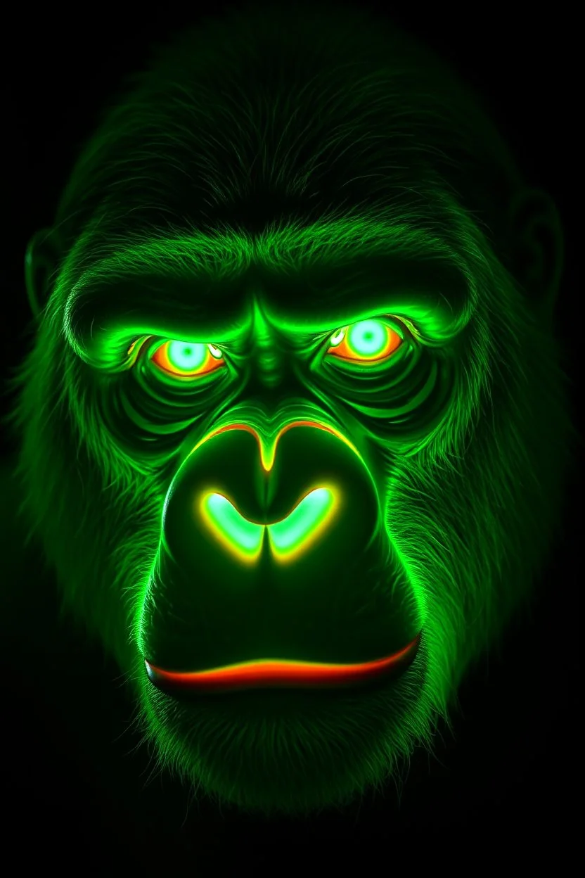 A transparent, hollow, glowing, face , a negative photo , 8k, high resolution for a gorilla in green