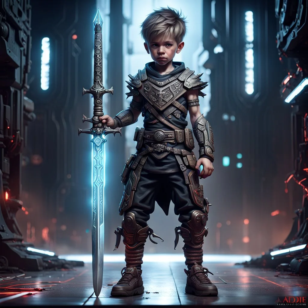 Fhoto full body, reality, Raw, little boy cyberpunk god war, sword, digital art, with logo text "addie", intricate details, powerful composition, captivating, , trending on artstation, sharp focus, studio photo, intricate details, highly detailed high tech, by addie_digi