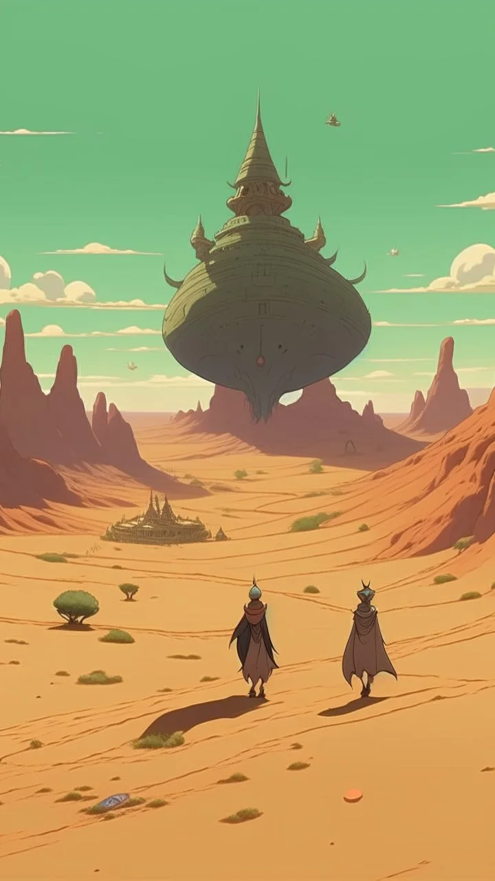 a big and giant men and ufo hovering above and wolfs in the forgotten desert in medieval times, in anime style Bosch nightmares