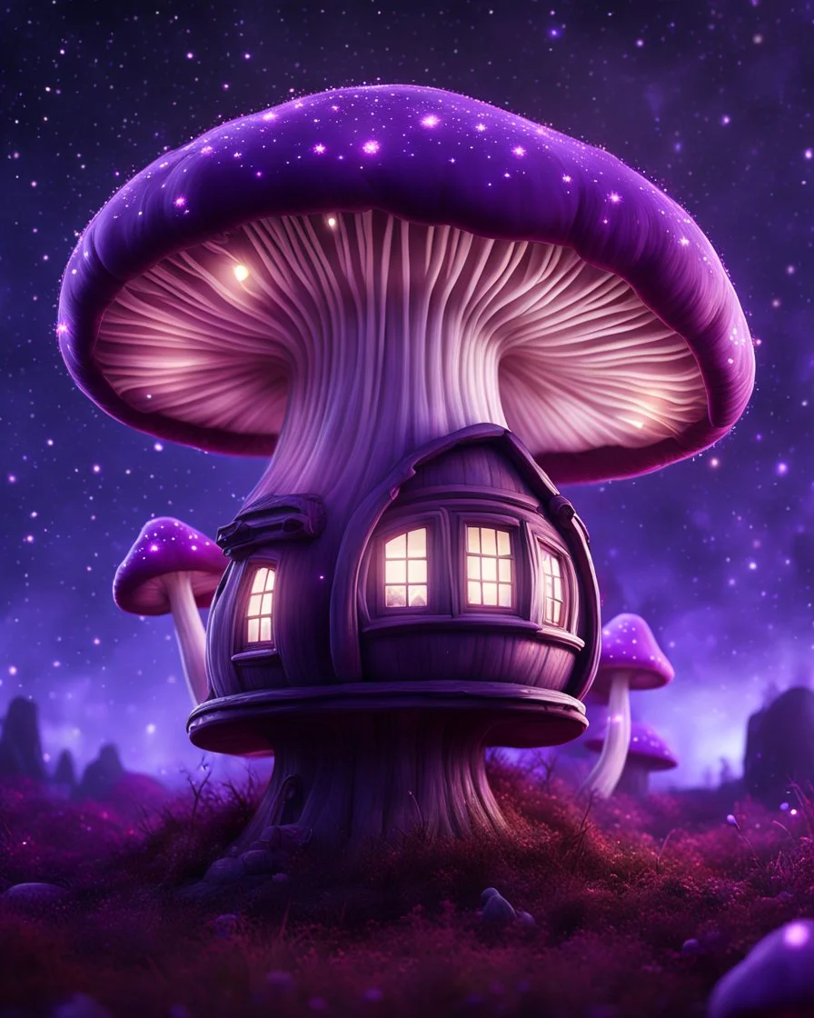 An illogically floating mushroom house on a clear night. white and white and purple, Stars Dark cosmic interstellar. Detailed Matte Painting, deep color, fantastical, intricate detail, splash screen, hyperdetailed, insane depth, concept art, 8k resolution, trending on Artstation, Unreal Engine 5, color depth, backlit, splash art, dramatic, High Quality Whimsical Fun Imaginative Bubbly, perfect composition