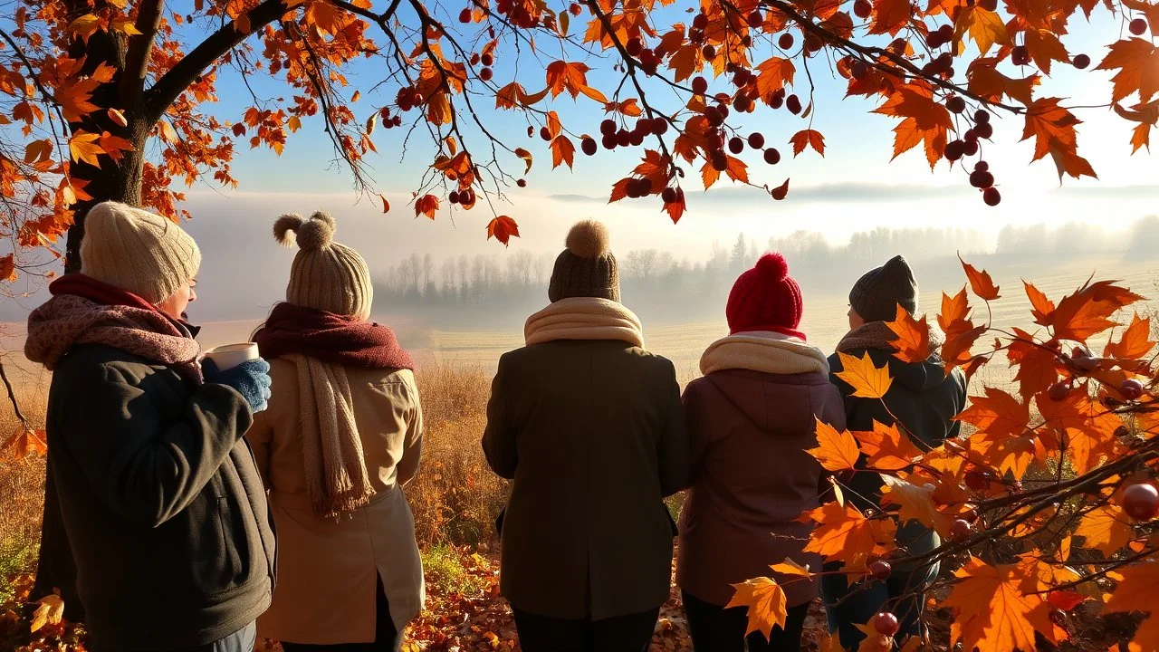 Autumn: falling leaves, Misty mornings, fog over distant fields or forests, sunshine; people wearing scarves, woolly hats, gloves, holding mugs of steaming hot drinks; chestnuts, acorns, berries, rowan, holly, mistletoe; birds migrating; squirrels gathering nuts; beautiful colours, atmospheric. Award winning photograph.