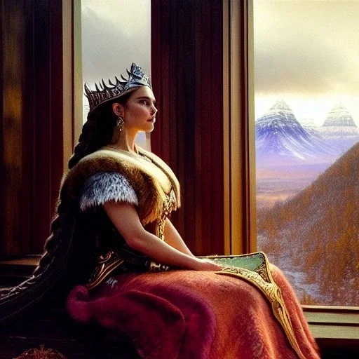 portrait beautiful face viking queen,sitting throne,window,braids,busty,snow,castle,mountains,ancient leather armor, balanciaga fashion clothe painting by gaston bussiere, greg rutkowski, yoji shinkawa, yoshitaka amano, tsutomu nihei, donato giancola, tim hildebrandt, oil on canvas, cinematic composition, extreme detail,fit full head inside picture,16k