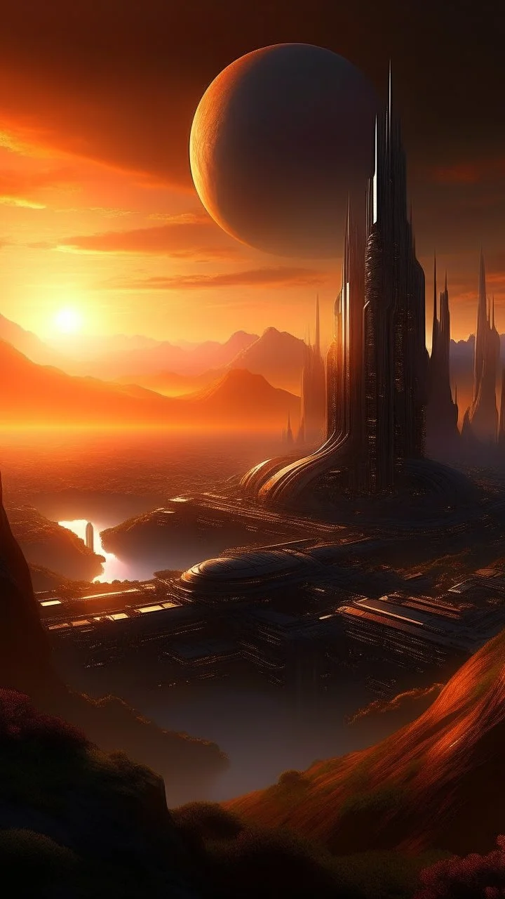 sci fi planet, busy city, temple, sunset