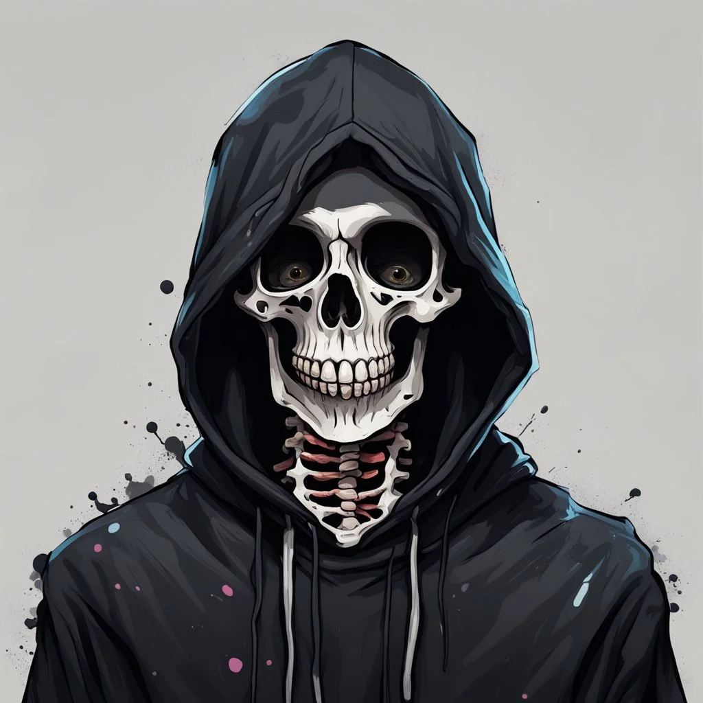 portrait of a Skeleton in a black hoodie, the skeleton is covered in paint, digital painting, cartoon stlye