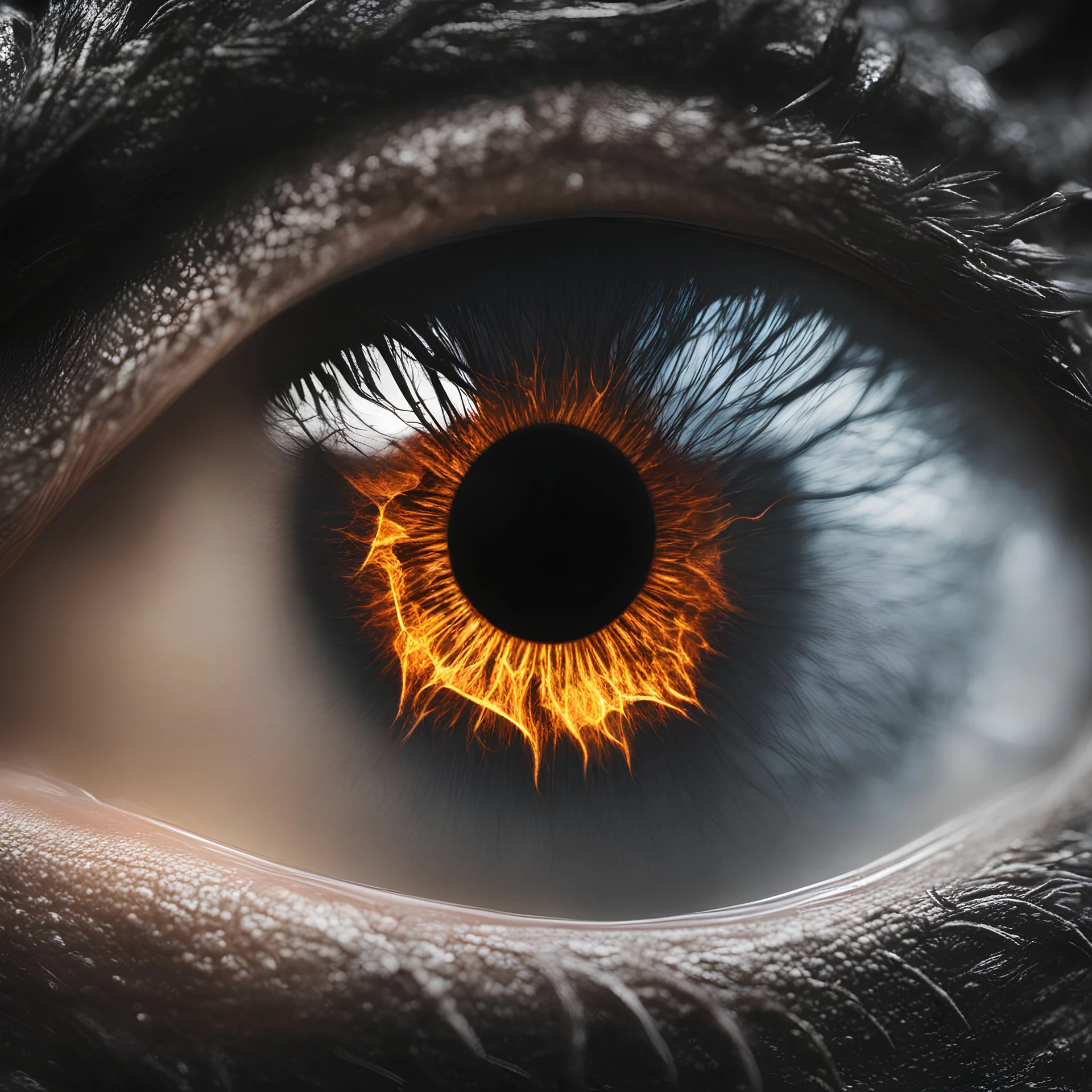 Photoreal magnificent extreme close-up of an eye of a black dragon eye with fire reflecting in the eye by lee jeffries, otherworldly creature, in the style of fantasy movies, photorealistic, bokeh masterpiece smooth shading, ultra detailed, high resolution, cinematic, unreal 6, subtle shadows, octane render, 8k, cinema 4d, HDR, dust effect, vivid colors