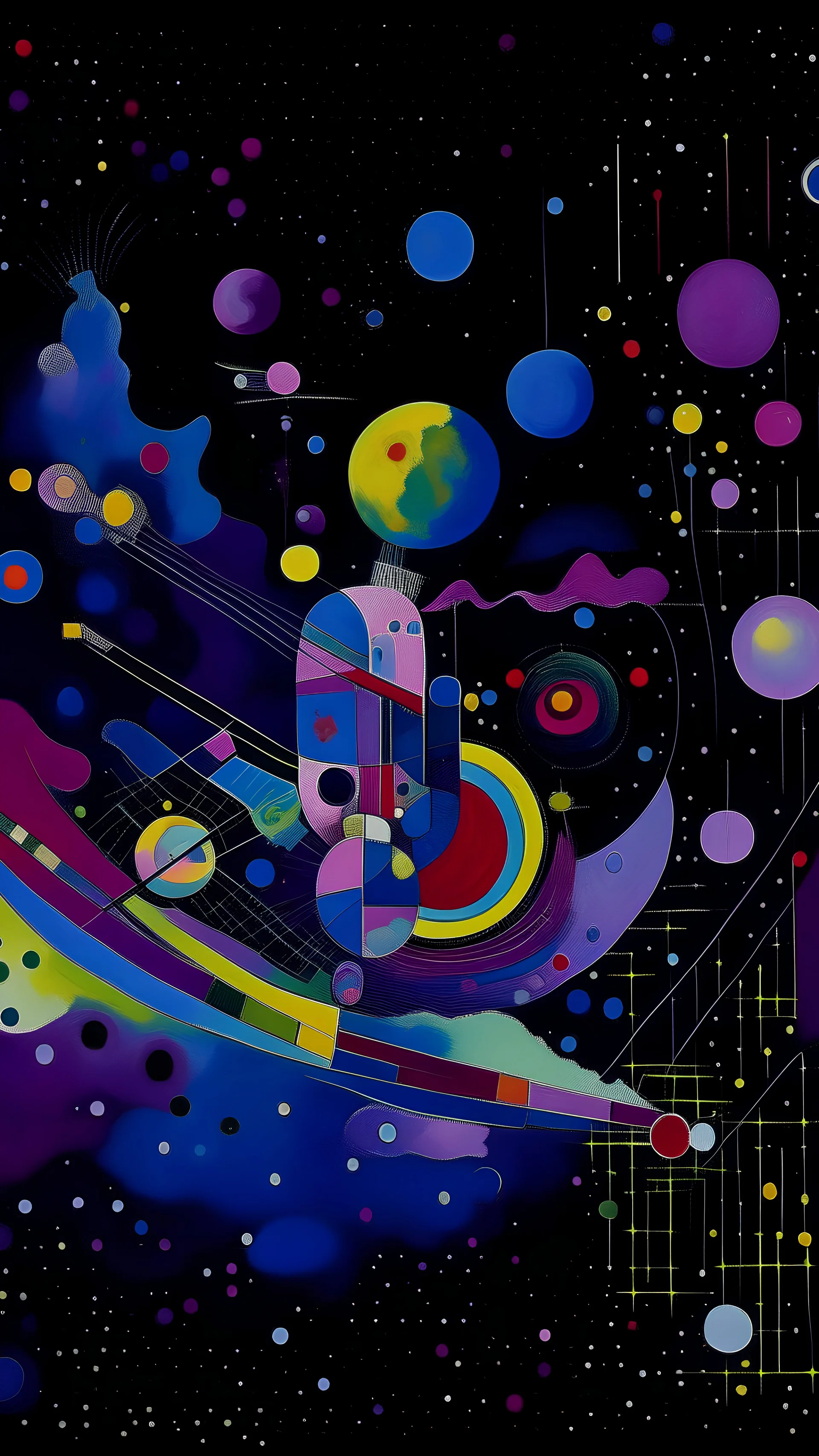 A violet space station surrounded by planets painted by Wassily Kandinsky