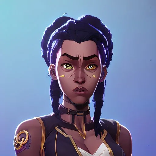 sci-fi, arcane animation series style, league of legends, Solo, 1girl, attractive female with freckles, african, dark skin, golden eyes, dark hair, braided dreadlocks, earrings, makeup, (detailed skin texture), white and indigo-blue suit