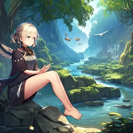 anime girl meditating,indian style, hands on knees, rock trees, birds, creek