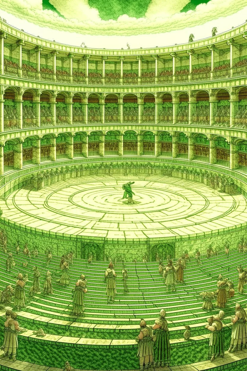 A palish light green circus in a coliseum designed in ancient Roman mosaics painted by Jeffrey Kolker