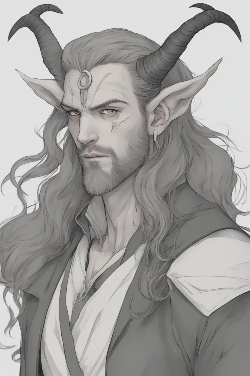 A dnd character portrait, a tiefling man with long hair and long black horns, white eyes and pale skin. Rogue.