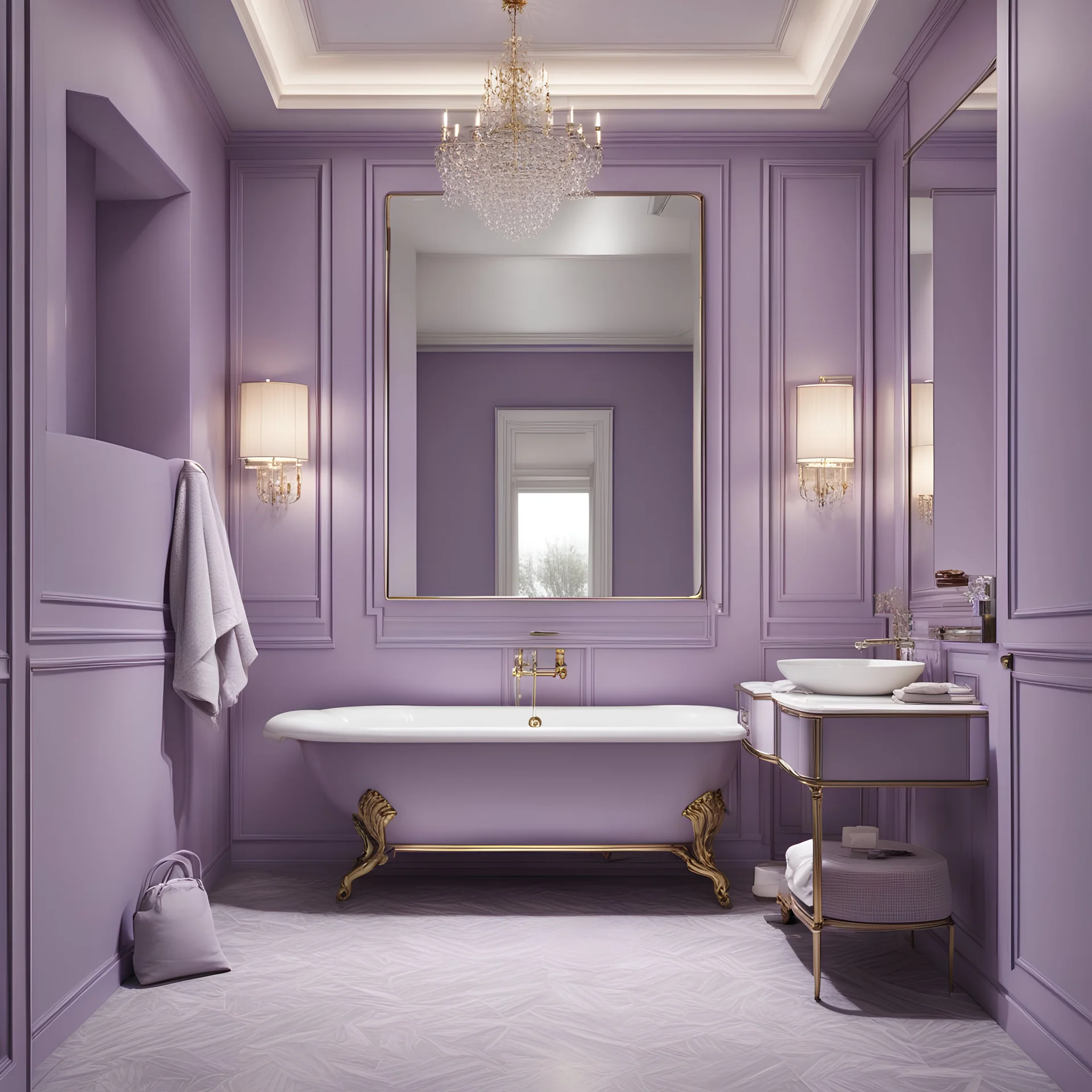 hotel bathroom, modern classic style, lavender colors, 3d