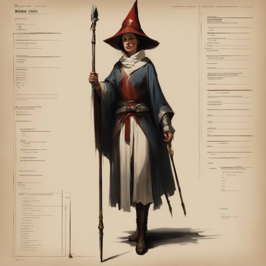 ConceptSheet [by Guy Borremans]: woman wizard and her long rod with AD&D statistics