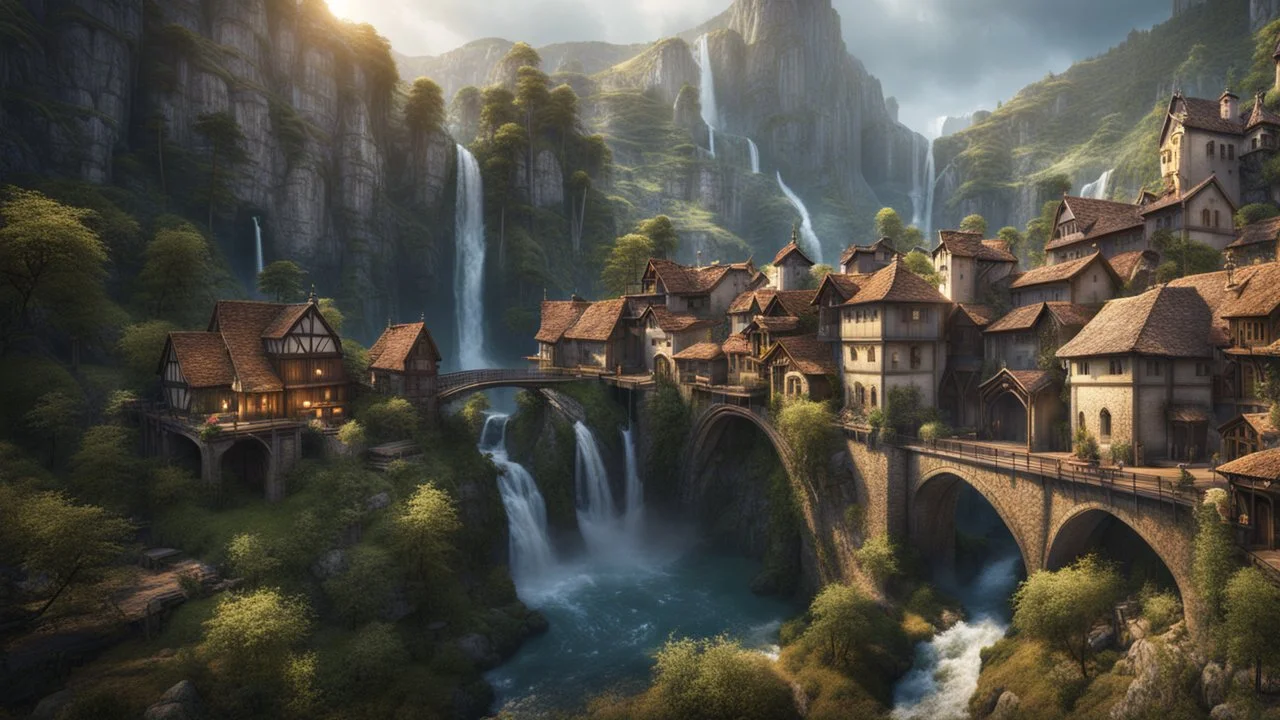 a small medieval town at the end of a steep ravine. multiple waterfalls, a masterpiece, fantasy concept art, dynamic lighting, hyperdetailed, intricately detailed, deep color, Unreal Engine, volumetric lighting, Epic cinematic brilliant stunning intricate meticulously detailed dramatic atmospheric maximalist digital matte painting