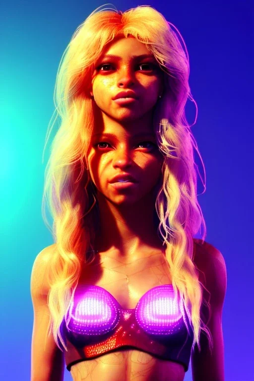 Shakira, artist, 30 years old, Realistic image, waist up portrait, etro style dress. Blonde, loose long hair, eyes make up, perfect, glow, circle iris. Neon colors, leds, geometric shapes. Dark background, photo studio, neon lights. Cyberpunk, concept art, smooth, unreal engine 5, god lights, ray tracing, RTX, lumen lighting, ultra detail, volumetric lighting, 3d, finely drawn, high definition, 4k.