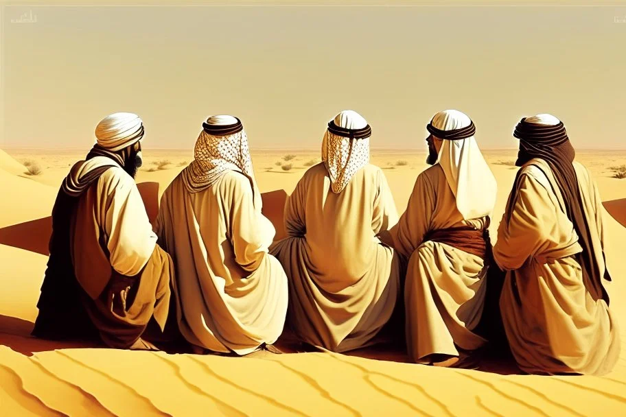 Four Arab sheikhs sitting in the desert wearing typical Arab dress, looking towards the four cardinal points. A talll fat european man in business suit wathcing them while thinking.