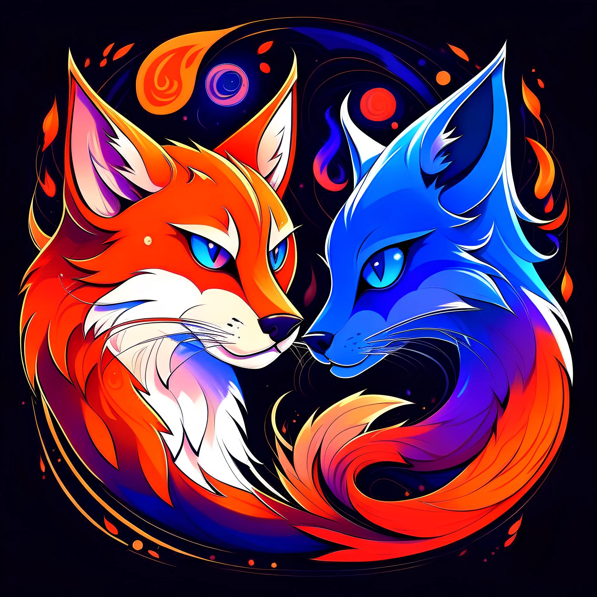 un zorro y un gato, el zorro es blanco con colores naranja y celeste, que el ojo izquierdo del zorro sea celeste y el ojo derecho de color naranja, que el fondo también cuente con estos mismos colores en forma de llamas; y el gato que sea negro con símbolos egipcios en la cara y ojos de color rosa con llamas que sean de color morado que salgan de sus ojos, en un ambiente con tonos morados
