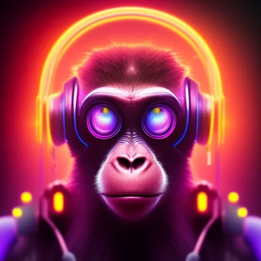 A beautiful portrait of a cyborg monkey purple neon color scheme, high key lighting, volumetric light high details psychedelic background