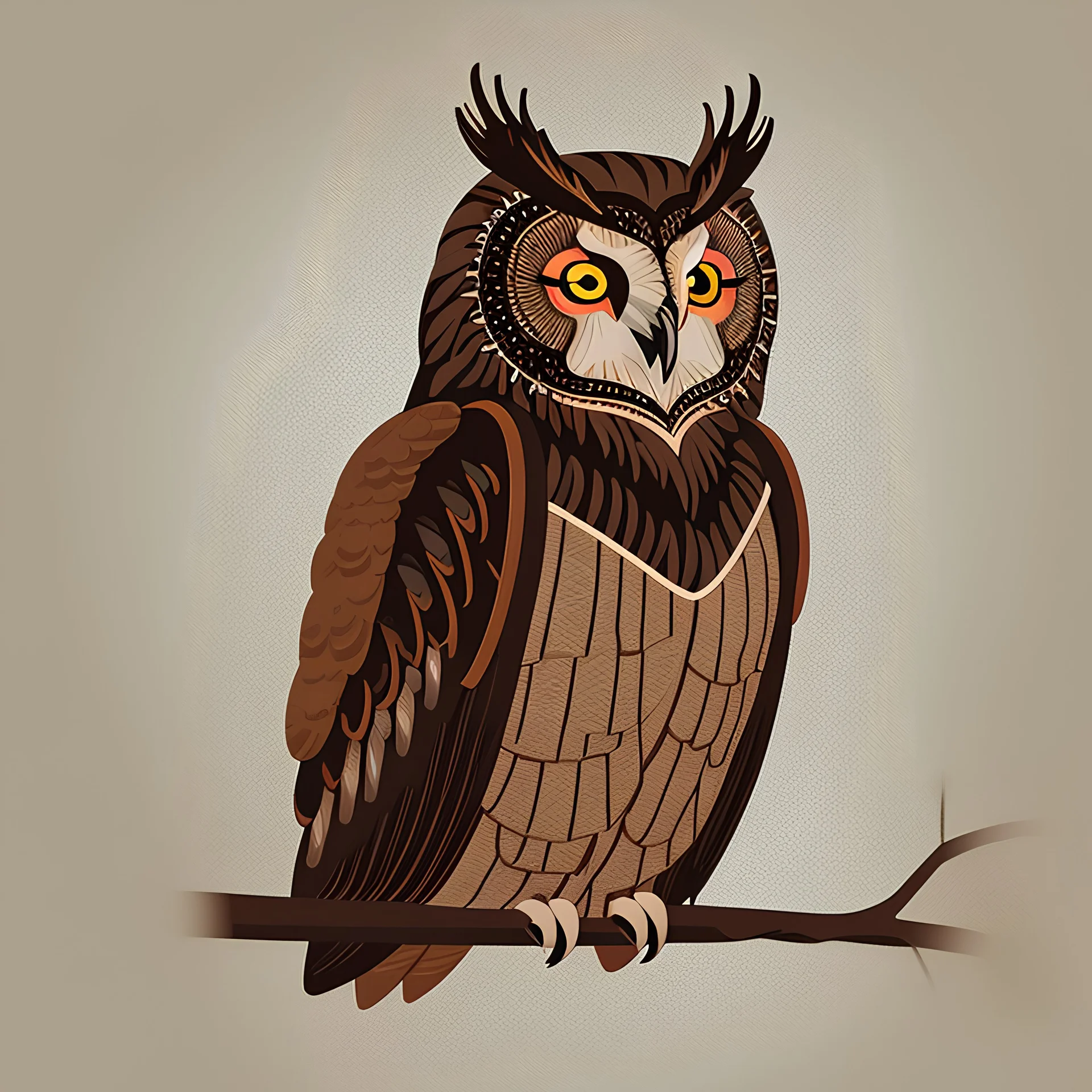 An intricately detailed owl perched on a branch, with its piercing eyes and feathers showcased in rich earthy tones vector sticker.