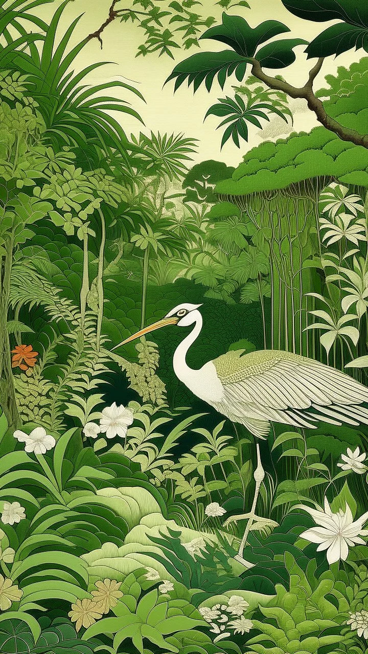 An olive green jungle with a crane designed in Scandinavian folk art painted by Katsushika Hokusai