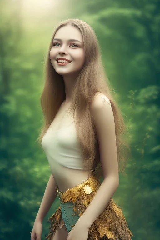 Beautiful smile of feminine girl in the forest in the 9AM in the morning ín 24K Resolutions, super HD, Professional PHOTOGRAPHY