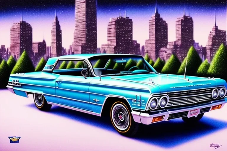 a true-to-life 1963 Chevrolet Impala, centered, intricate, extreme detailed, photorealism, center view, city background, pivot on chevrolet, pen and color marker painting by cheryl kelley