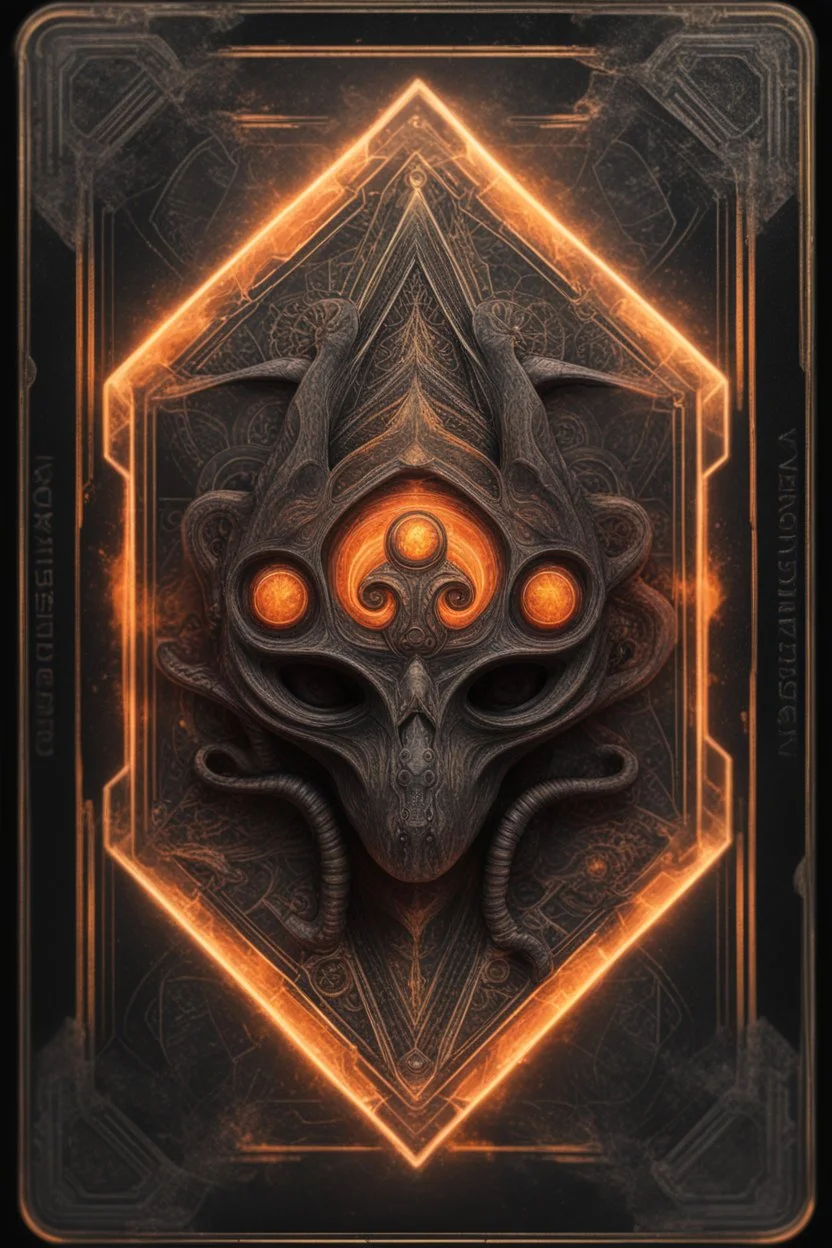 sacred geometry framed playing card, black and orange smoke gremlin with shadows boss card in the style of Giger and fallout 4 ,,bokeh like f/0.8, tilt-shift lens 8k, high detail, smooth render, down-light, unreal engine