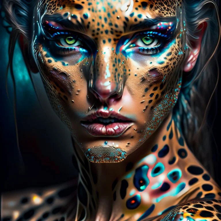 candy leopard, portrayed with the intricate facial features and extremely detailed pupils characteristic of Stefan Gesell's style, blended with the elongated forms and dramatic chiaroscuro reminiscent of El Greco, conveyed through a light painting technique with push processing, incorporating holographic elements for a dreamy, vibrant effect, soft skin texture, clarity achieved, supporting a perfect composition, cinematic atmosphere, delicate detail