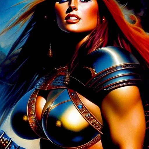 portrait oil on canvas,beautiful busty Female Warrior, minimal armor,comic book cover, mystical colors,insanely detailed,realistic,intrincate detail,crystal clear eyes, 16k resolution, masterpiece,Simon Bisley,Frank Frazetta,Alex Horley,ARTHUR ADAMS