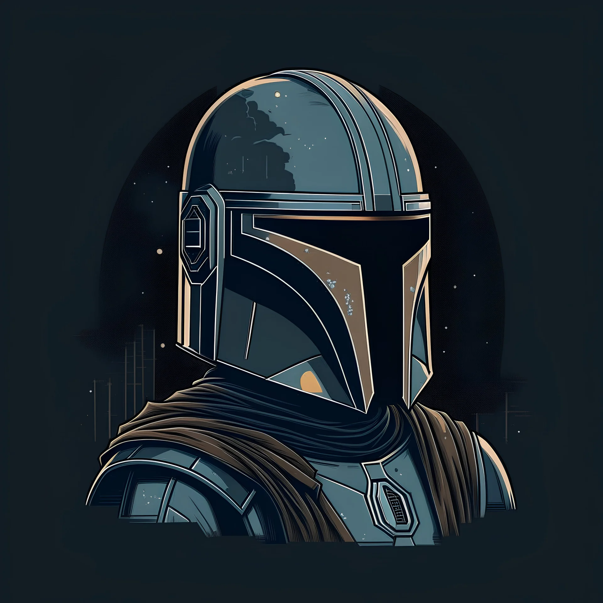 mandalorian helmet, concept art, t-shirt design,