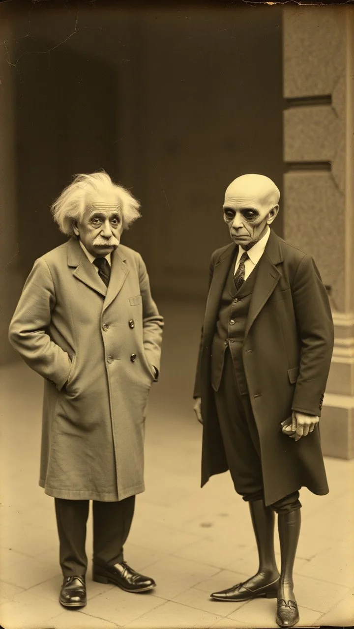 An old picture style of white and brown and very bad quality old Kodak camera with cracks of Einstein standing with an Alien who is wearing a suit, the year 1900