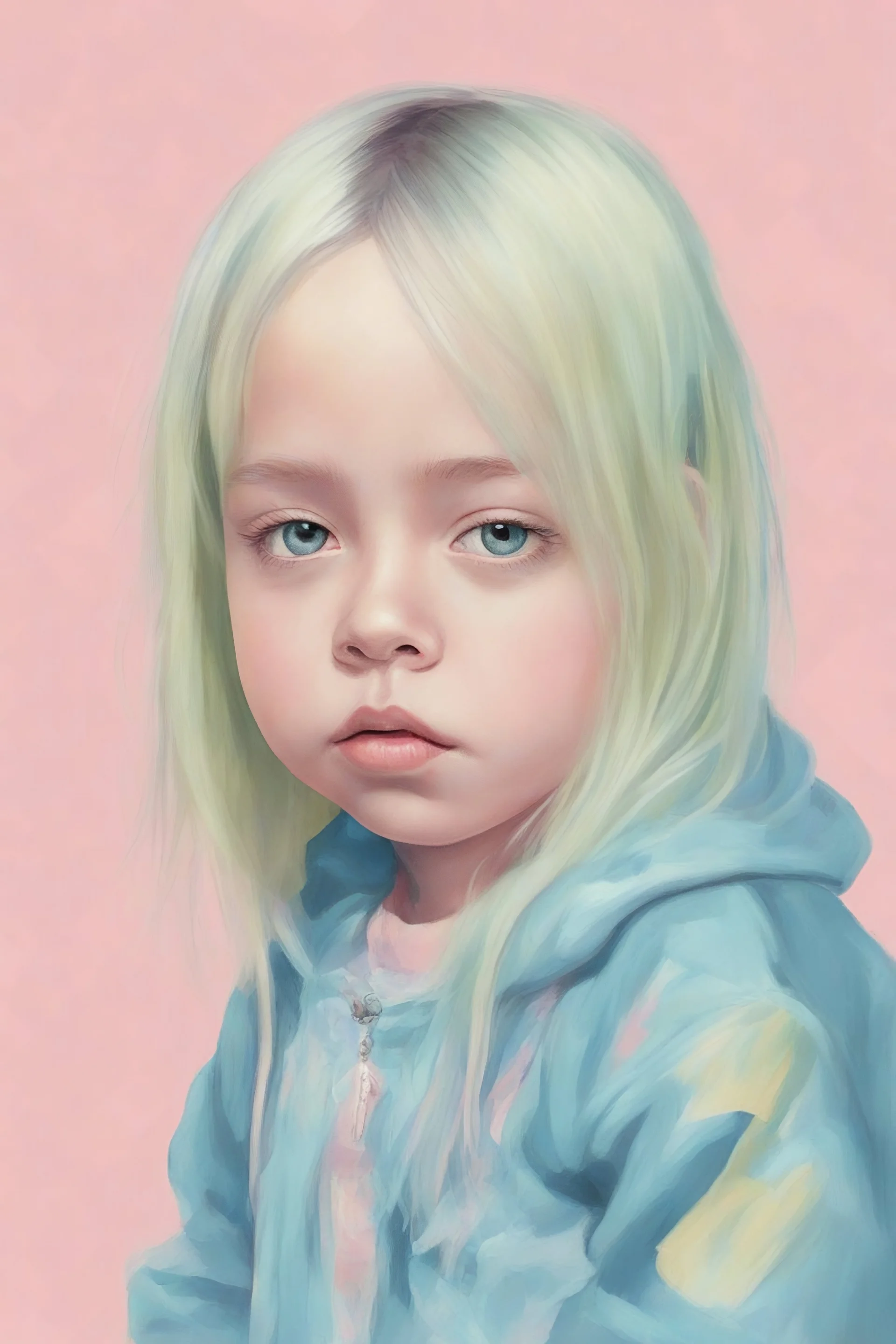 Illustration of billie eilish as a toddler, sleepibg, style of Marcel Marlier, pastel colors