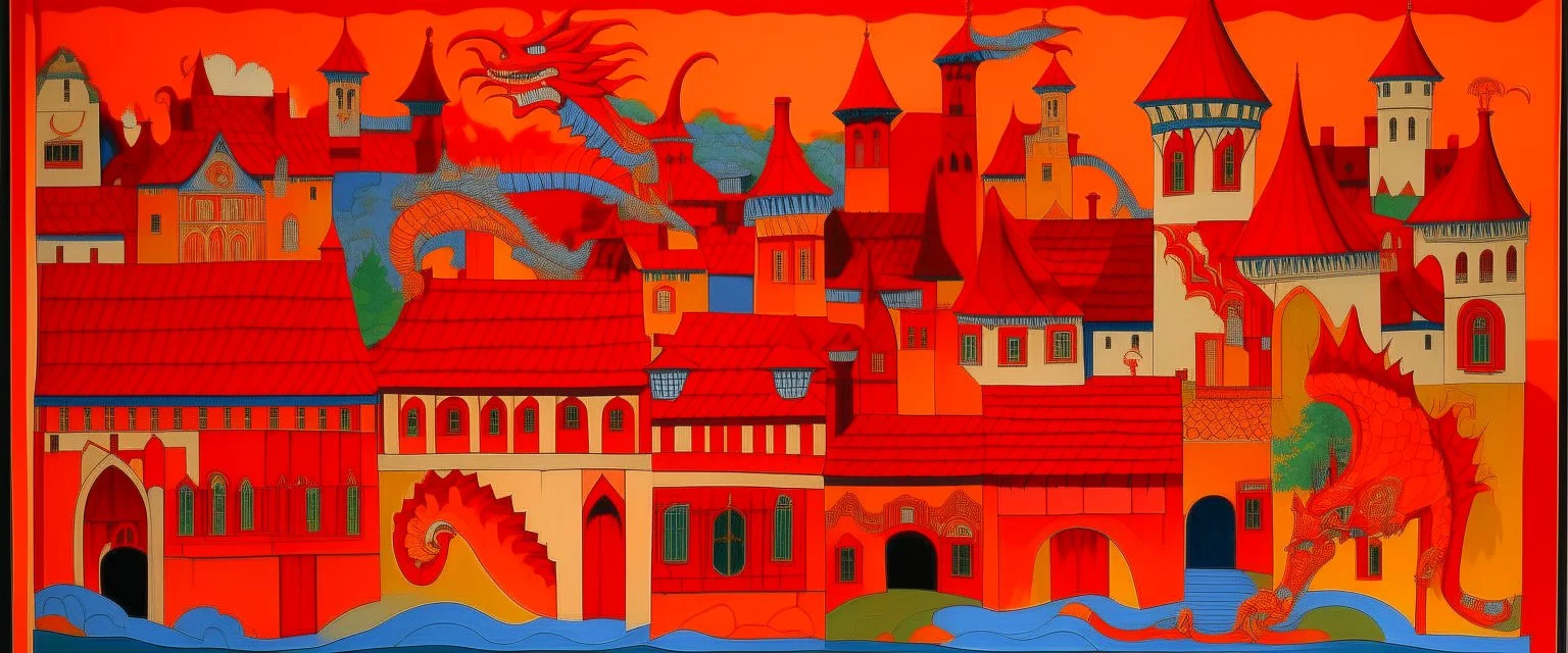 An orangish red village with a fiery dragon palace designed in medieval tapestry painted by Stuart Davis
