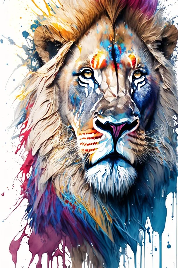 "lion", clean design, art station, splash of colorful paint, contour, ((solid white background)), looking into camera, hyperdetailed intricately detailed, unreal engine, fantastical, cinema lighting, intricate detail, splash screen, complementary colors, fantasy concept art, 8k resolution, DeviantArt masterpiece, watercolor, paint dripping