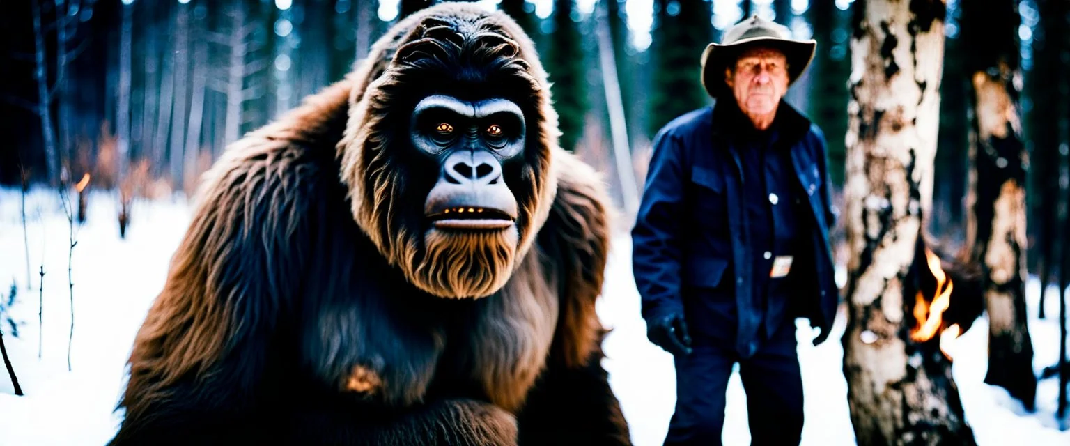 close up of a bigfoot in documentary photography, burned trees, Wildfire, Smoke, burning, forest fire, August 1995, Yeti, Dystopian, Japanese, Extreme depth of field, bokeh blur, Alberta, all-natural, in the style of candid, imperfection, natural lighting, Professional shot, shot on Agfa, Fuji Film, Anamorphic lens --ar 4:5 --w 150 --style raw