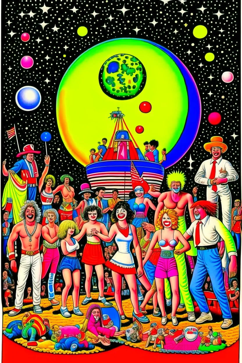 party in 80's with circus on the moon full