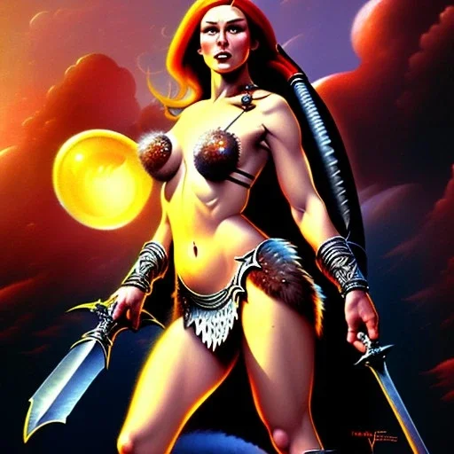 Red Sonja wilding Greatsword by Frank Frazetta style